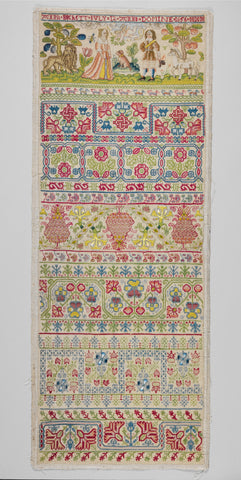 Colorful blackwork embroidered sampler from 1656 worked by Anna Buckett aged 12