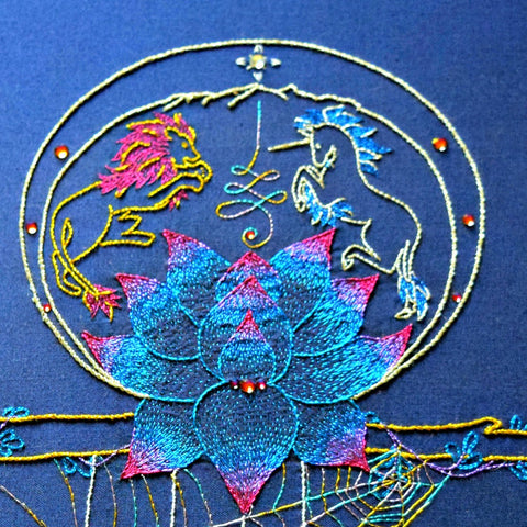 Journey Talisman hand embroidered motif with lion, unicorn, and lotus