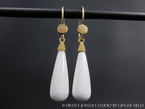 White Agate Full Moon Earrings in 18k Gold by Firefly Jewelry Studio