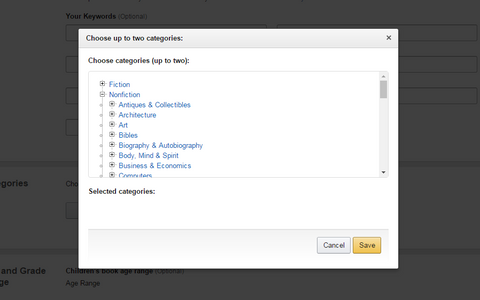 Category selection of ebook at Amazon Ebook Publishing