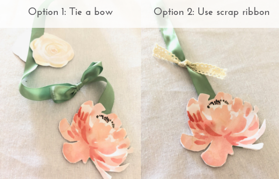 Add "leaves" to each ribbon "stem" with bows or scrap ribbon