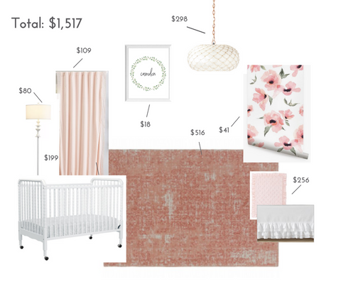 Budget friendly floral nursery decor including crib, rug and lightling