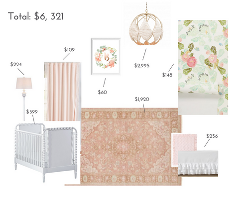 Luxe floral nursery decor including crib, rug and lighting