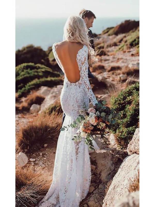 See Through Lace Rustic Wedding Dresses Long Sleeve Mermaid