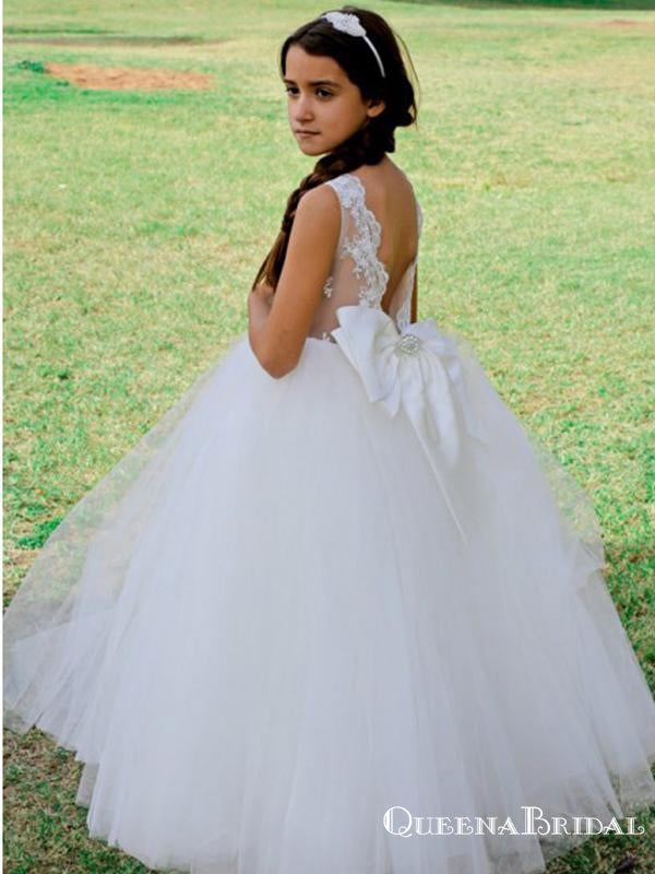 A Line Scoop Neck Sleeveless White Floor Length Flower Girl