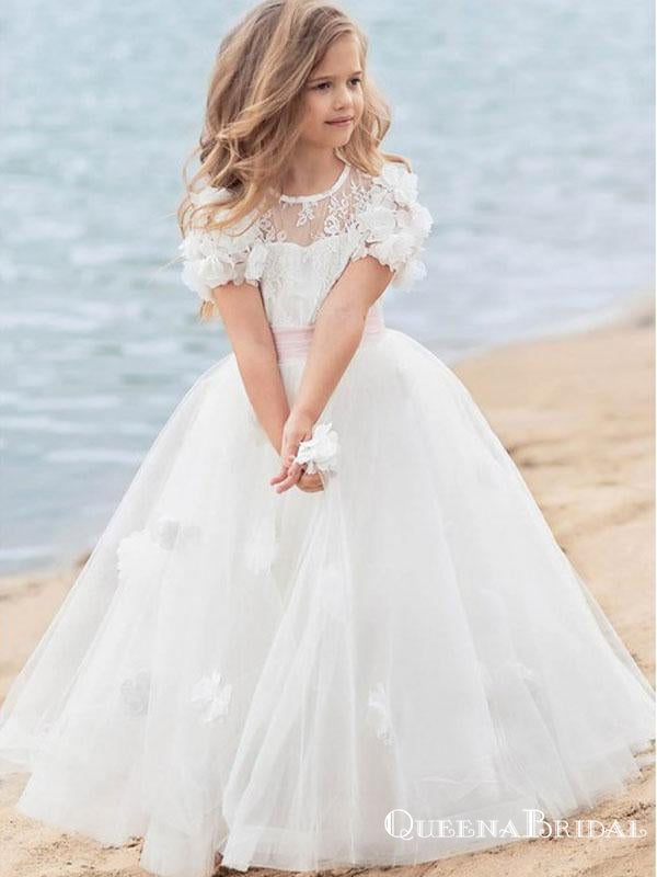 A Line Scoop Neck White Floor Length Flower Girl Dresses With