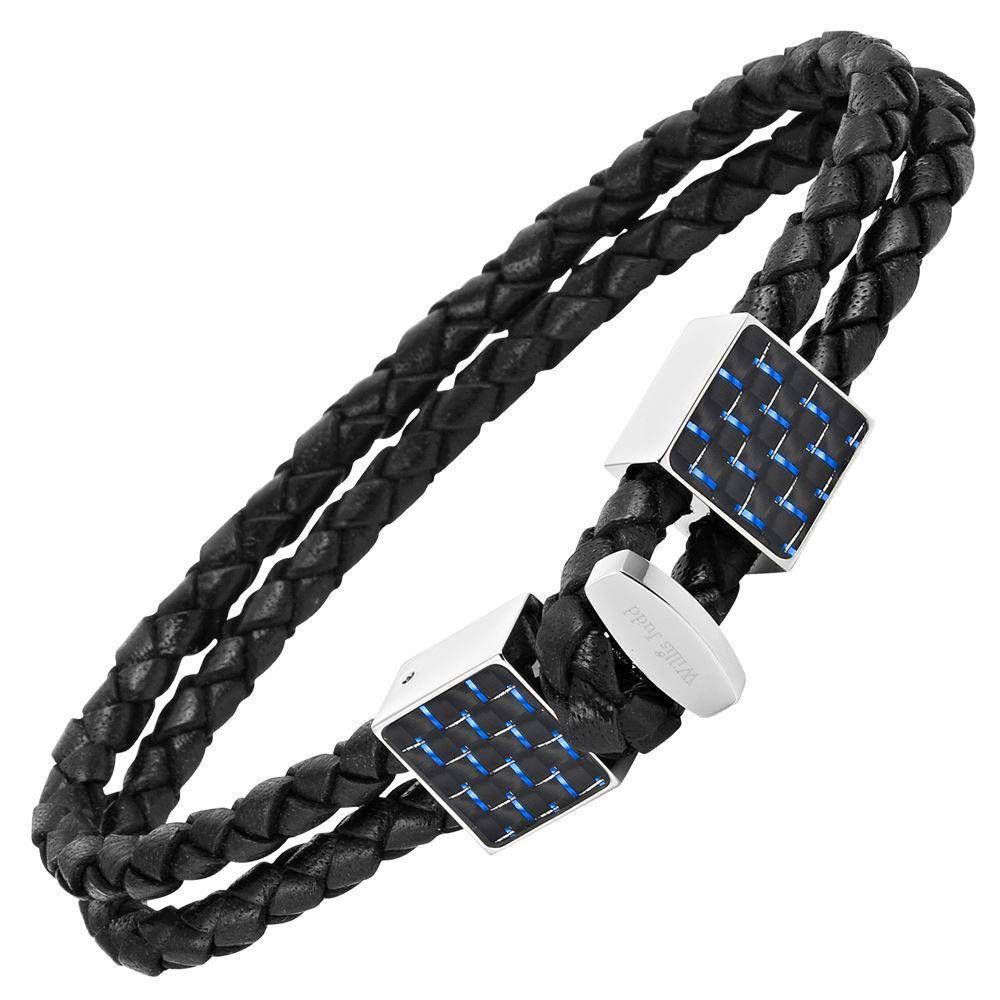 Men’s Black Magnetic Leather and Stainless Steel Bracelet with Blue Carbon Fiber