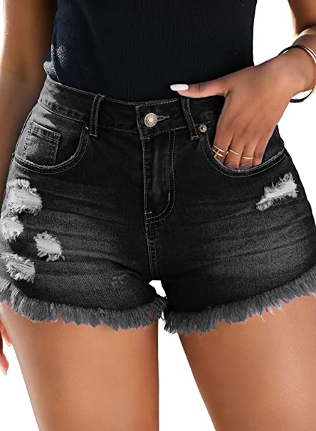 Vetinee Women's Mid Rise Frayed Raw Hem Ripped Destroyed Denim Shorts