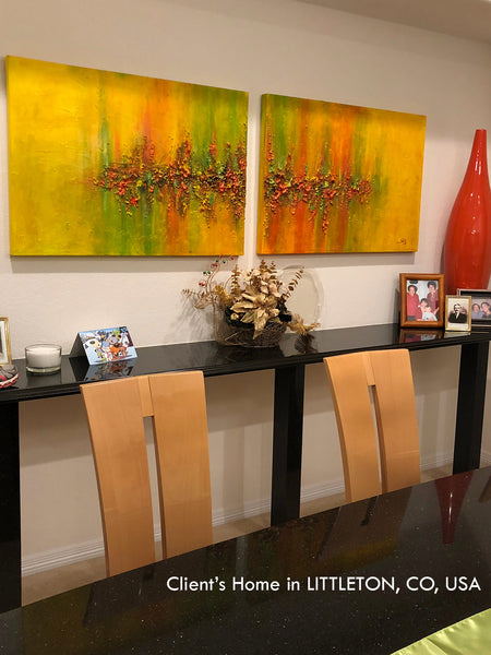 art, abstract painting, orange, red, green, mixed media, original art, abstract, original painting, colorful, coastal decor, beach condo, clients home, happy customers, julia apostolova, interior, photo, modern, contemporary, colorado, usa