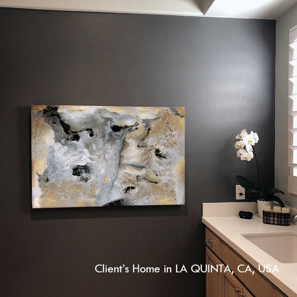 painting, milky way, gold leaf, gold, black, gray, gray, watercolor, abstract, fluid, coastal decor, beach condo, clients home, happy customers, julia apostolova, interior, modern, contemporary