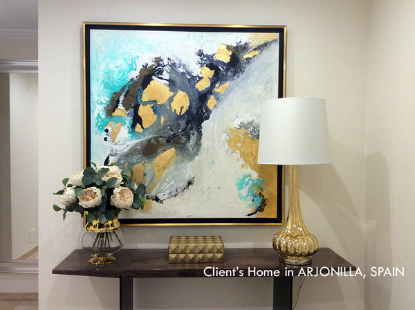 luxury decor, wall art, clients home, happy customers, julia apostolova, painting, white, grey, gold leaf, gold, black, gray, watercolor, abstract, fluid, coastal decor, luxury home, interior, modern, contemporary