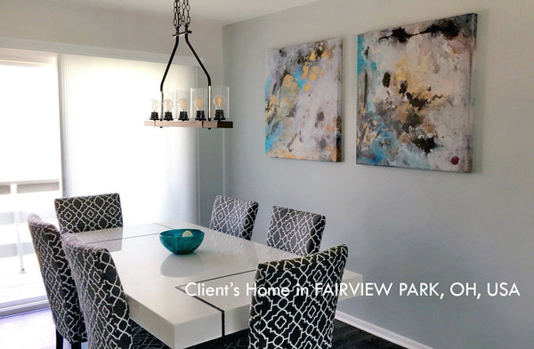 painting, luxury decor, happy customers, julia apostolova, interior, modern, 3 wall art set, diptych, gold leaf, gold, turquoise, gray, teal, black, watercolor, abstract, coastal decor, beach condo, clients home, contemporary