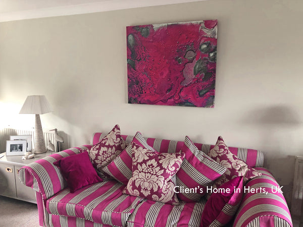 pink, purple, art, abstract, silver, painting, abstract art, clients home, happy customer, julia apostolova, living room, interior, decor 
