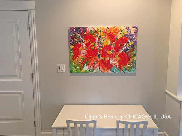 original art, floral painting, julia apostolova, interior, oil, acrylic, chicago, usa, blue, red, yellow, green, blue, colorful, turquoise, gold, , abstract, fluid, beach, coastal decor, beach condo, clients home, happy customers, photo, modern, contemporary