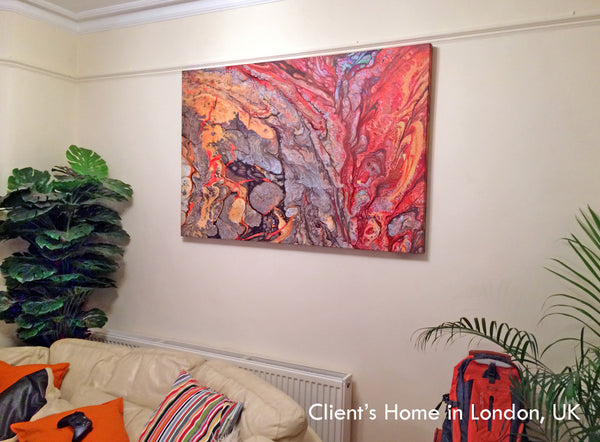 red, yellow, gold, colorful, art, abstract, cell painting, abstract art, clients home, happy customer, julia apostolova, living room, interior, decor 
