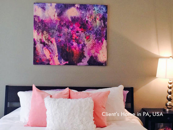 art, abstract painting, pink, purple, cream, coral, lilac, gold, watercolor, abstract, fluid, decor, clients home, happy customers, julia apostolova, interior, modern, contemporary