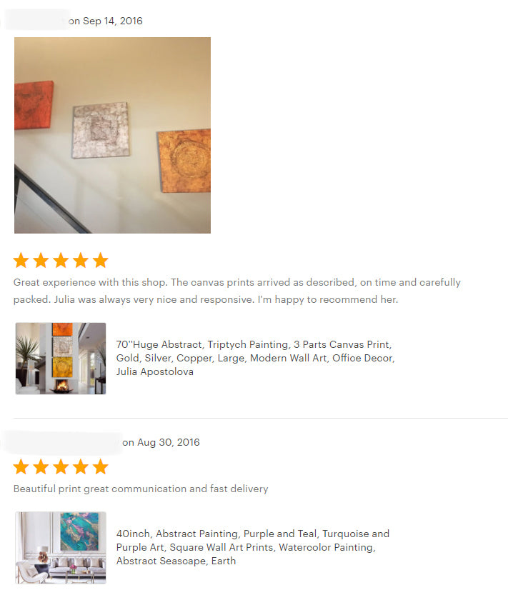 reviews, gold silver copper, triptych, set of 3, happy clients, testimonials, abstract art, original painting, canvas print, julia apostolova, interior, decor, home, office, photo