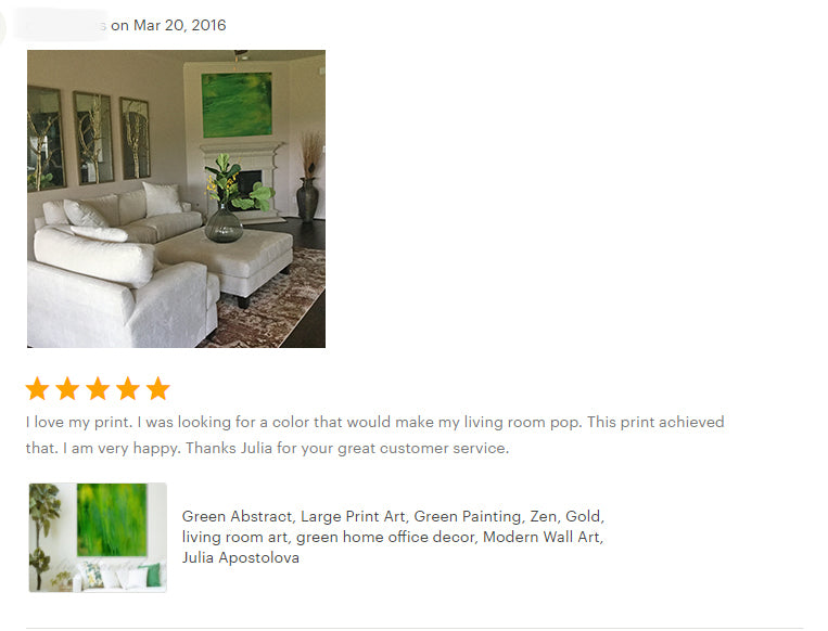 reviews, green abstract, large wall art, happy clients, testimonials, abstract art, original painting, canvas print, julia apostolova, interior, decor, home, office, photo