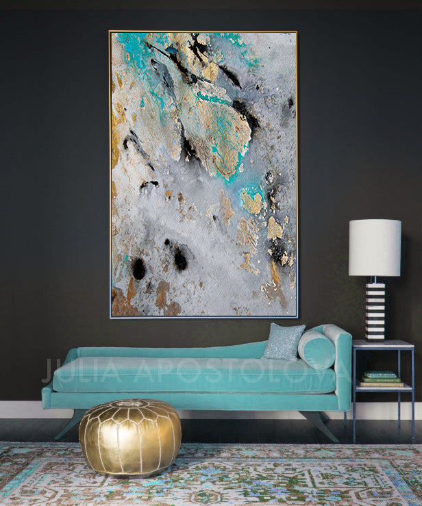 Gold Leaf Art Print Modern Home Decor Gray Teal Black Large Wall Ar Julia Apostolova