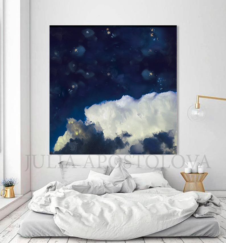 Navy Blue Cloud Wall Art Cloud Painting Canvas Minimalist Abstract Art Julia Apostolova