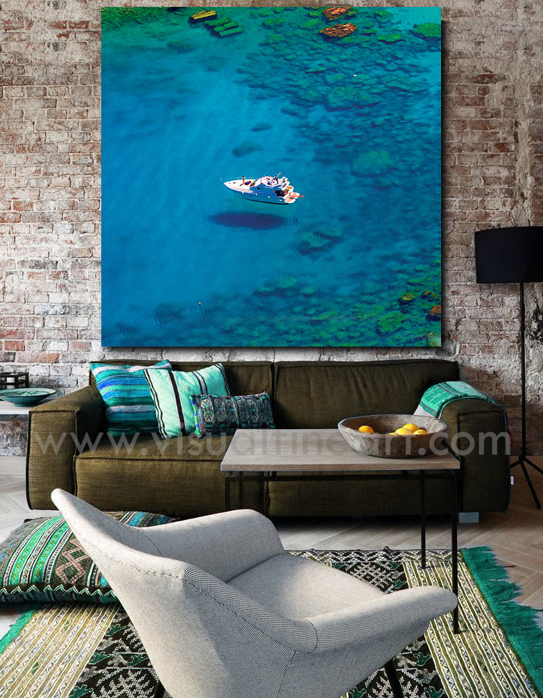 Coastal Canvas Art Blue Lagoon Boat Greek Islands Beach Crystal W Julia Apostolova