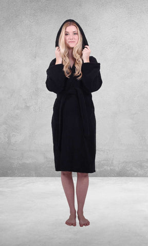 Women's Terry Black Bathrobe, Hooded