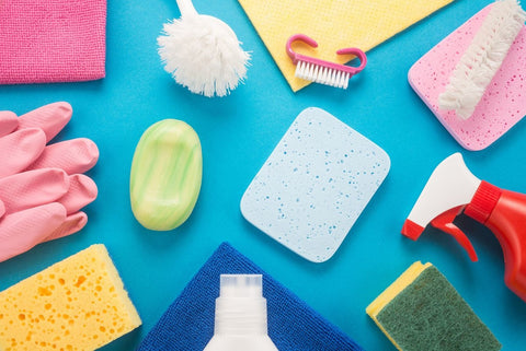 detergents, soaps, and cloths which are used for bathroom cleaning checklist