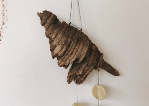 driftwood and brass sculpture and wallhanging