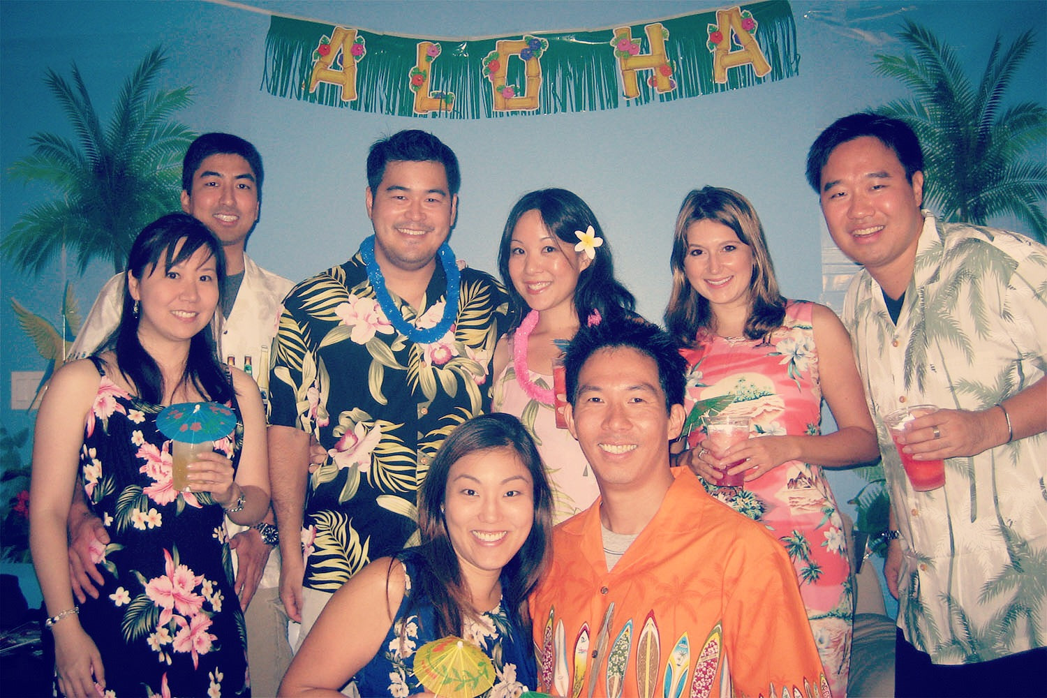 festive mini luau Hawaiian theme party in an apartment