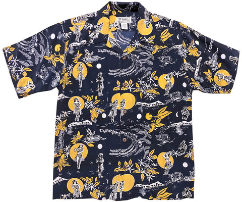 Hula Moon retro silk Aloha shirt worn by Jay Hernandez in Magnum PI