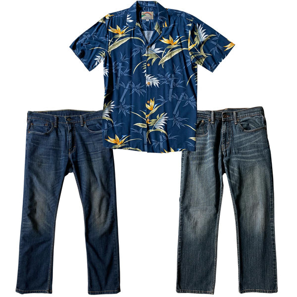 Bamboo Paradise Navy Hawaiian shirt with two pairs of blue jeans