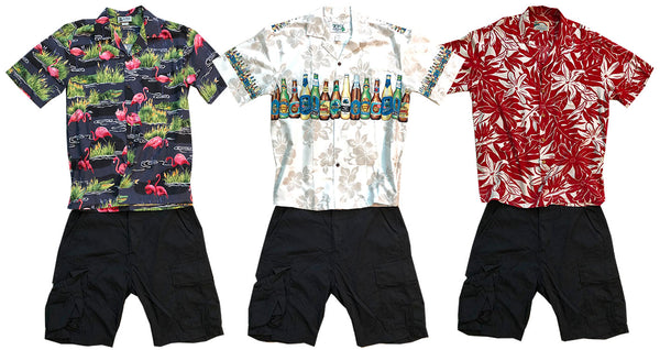 various Hawaiian shirts with black shorts