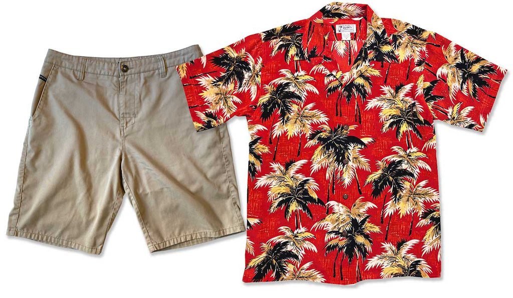 Breeze Red Retro Hawaiian shirt with khaki shorts
