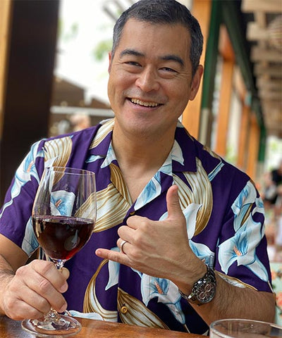 Calla Lily purple Hawaiian shirt (Magnum PI shirt) and a glass of red wine
