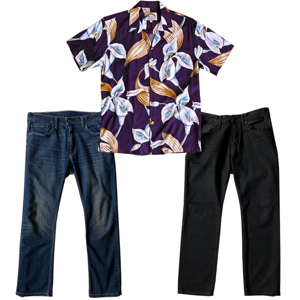 Calla Lily purple Hawaiian shirt with blue or black jeans