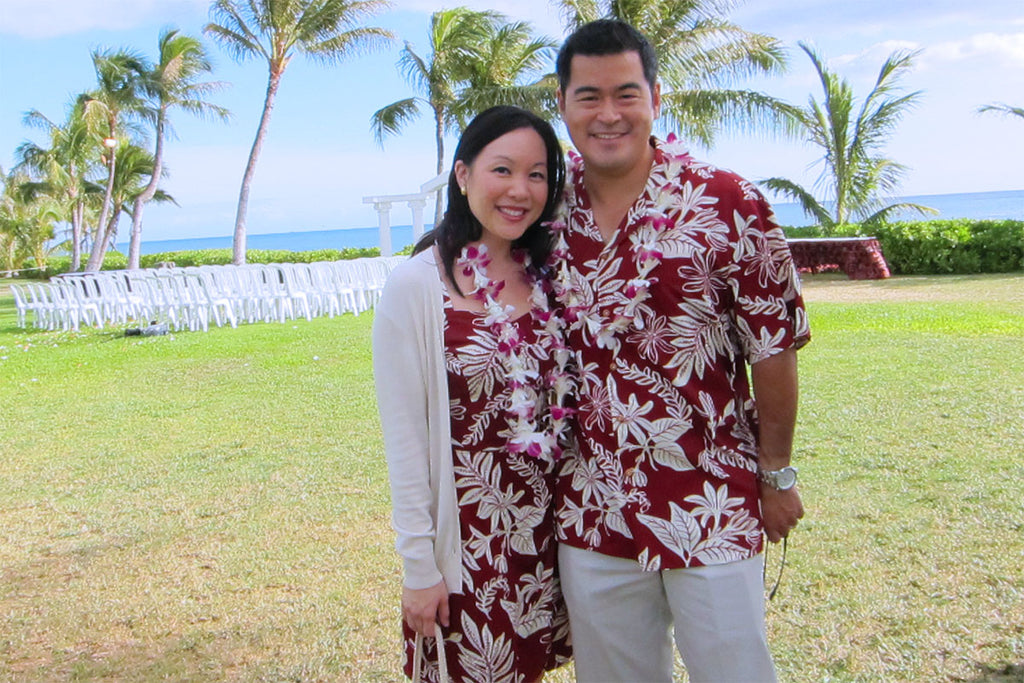 untucked Aloha shirt at a beach wedding reception