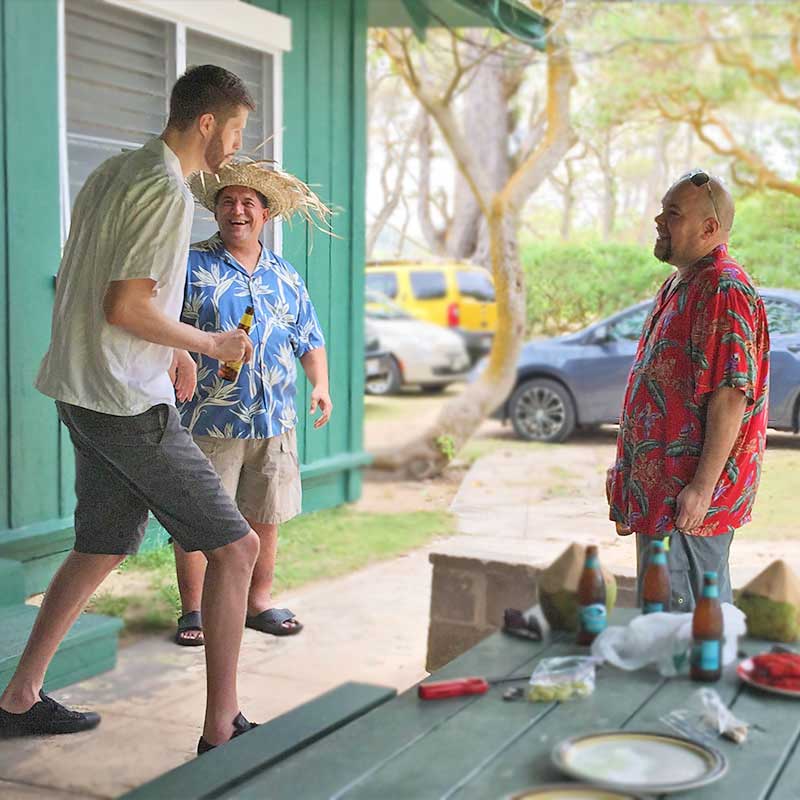 Davis Rozitis shares basketball stories in Bamboo Garden Hawaiian shirt