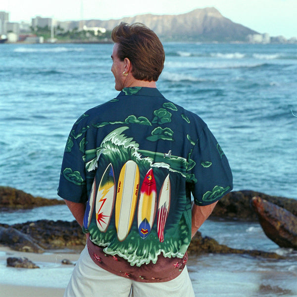 Engineered print Aloha shirt with surfboards