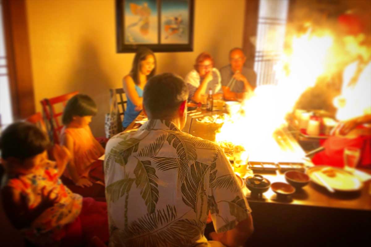 tropical vacation shirt at a restaurant