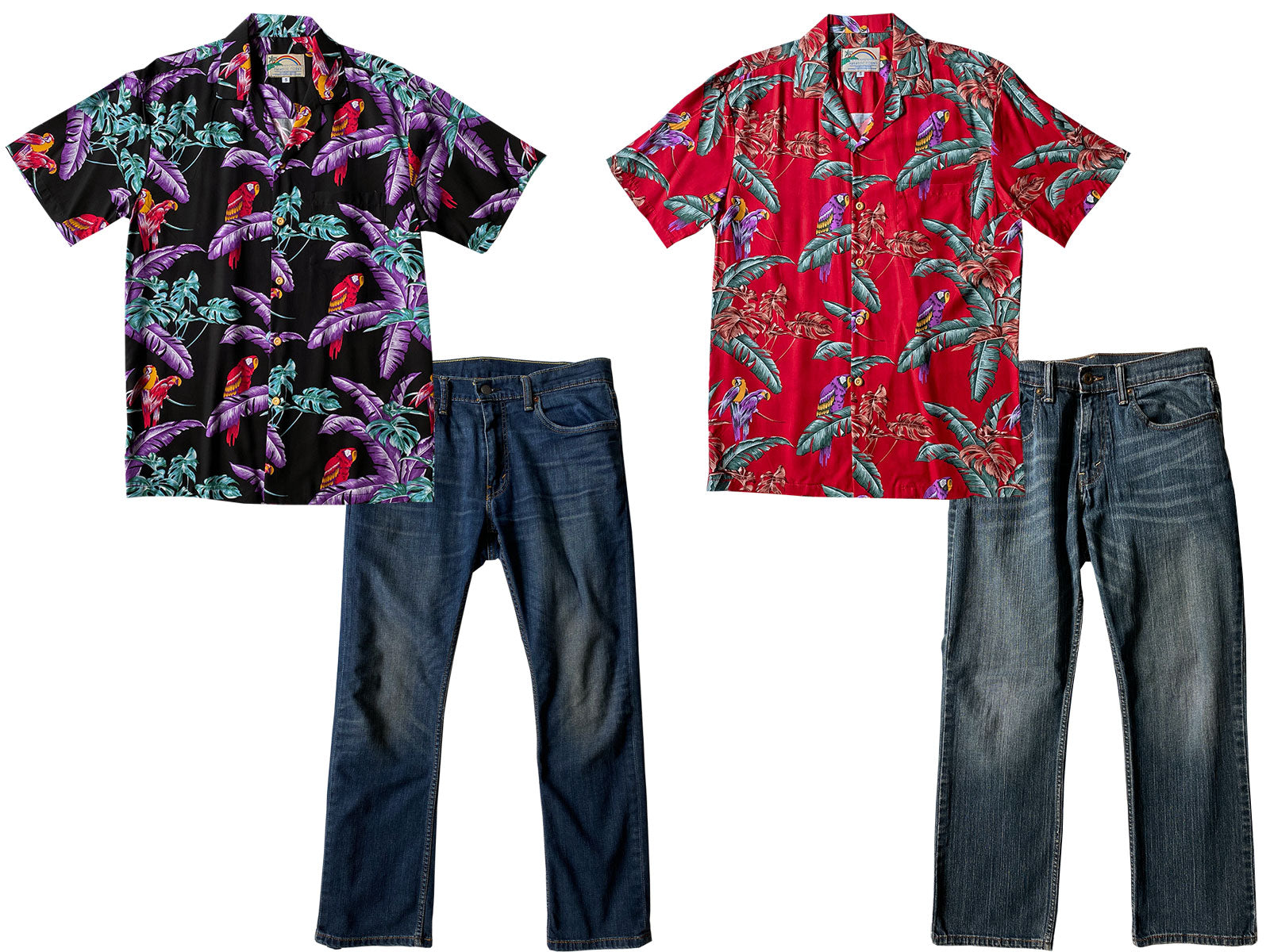 Magnum PI Red and Black Hawaiian Shirts with Blue Jeans