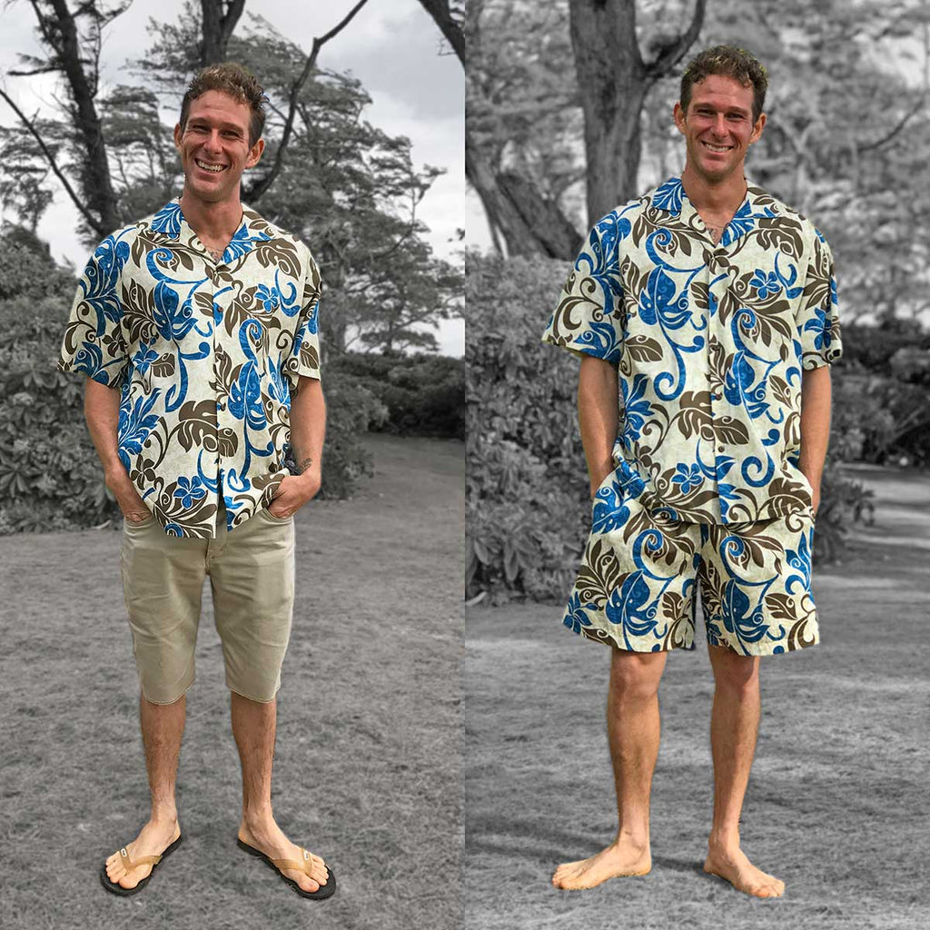 Hawaiian shirt with busy print and solid shorts versus shorts with the same busy print
