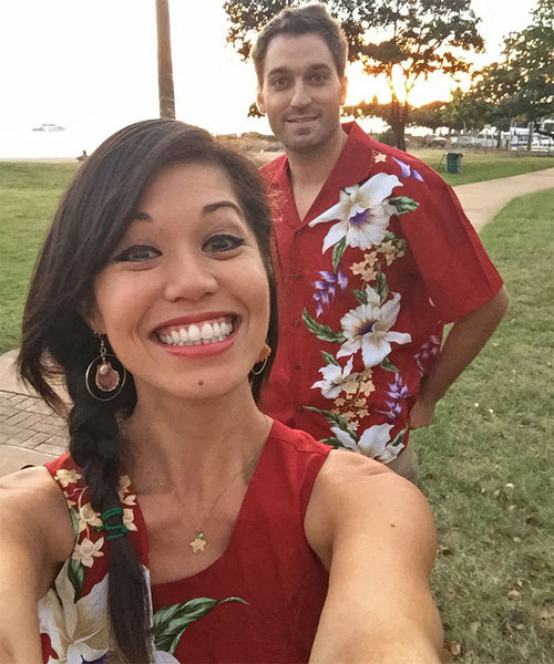 Matching Mega Orchid Hawaiian shirt and dress