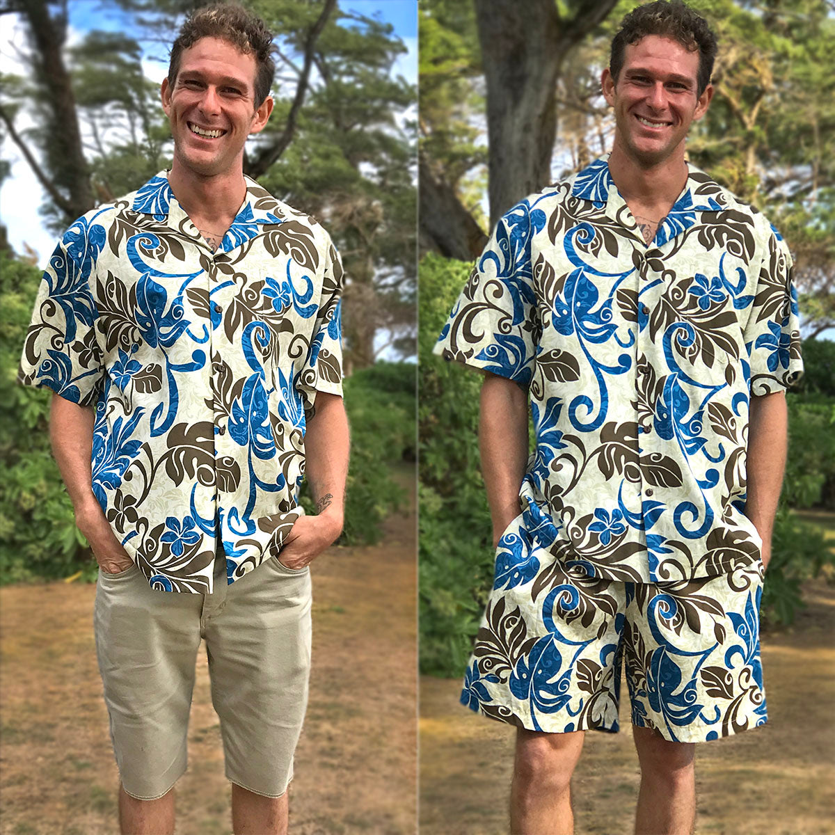 Aloha shirt with solid shorts vs Aloha shirt with printed shorts