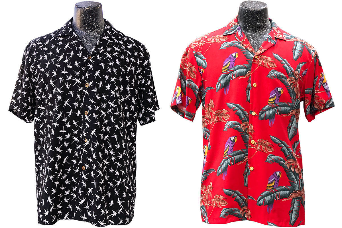 Midnight Bamboo black and Jungle Bird red Magnum PI shirts from the original series appearing in Season Two of the reboot