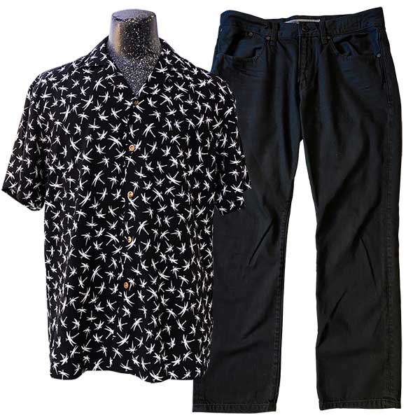 Midnight Bamboo black Hawaiian shirt with black jeans