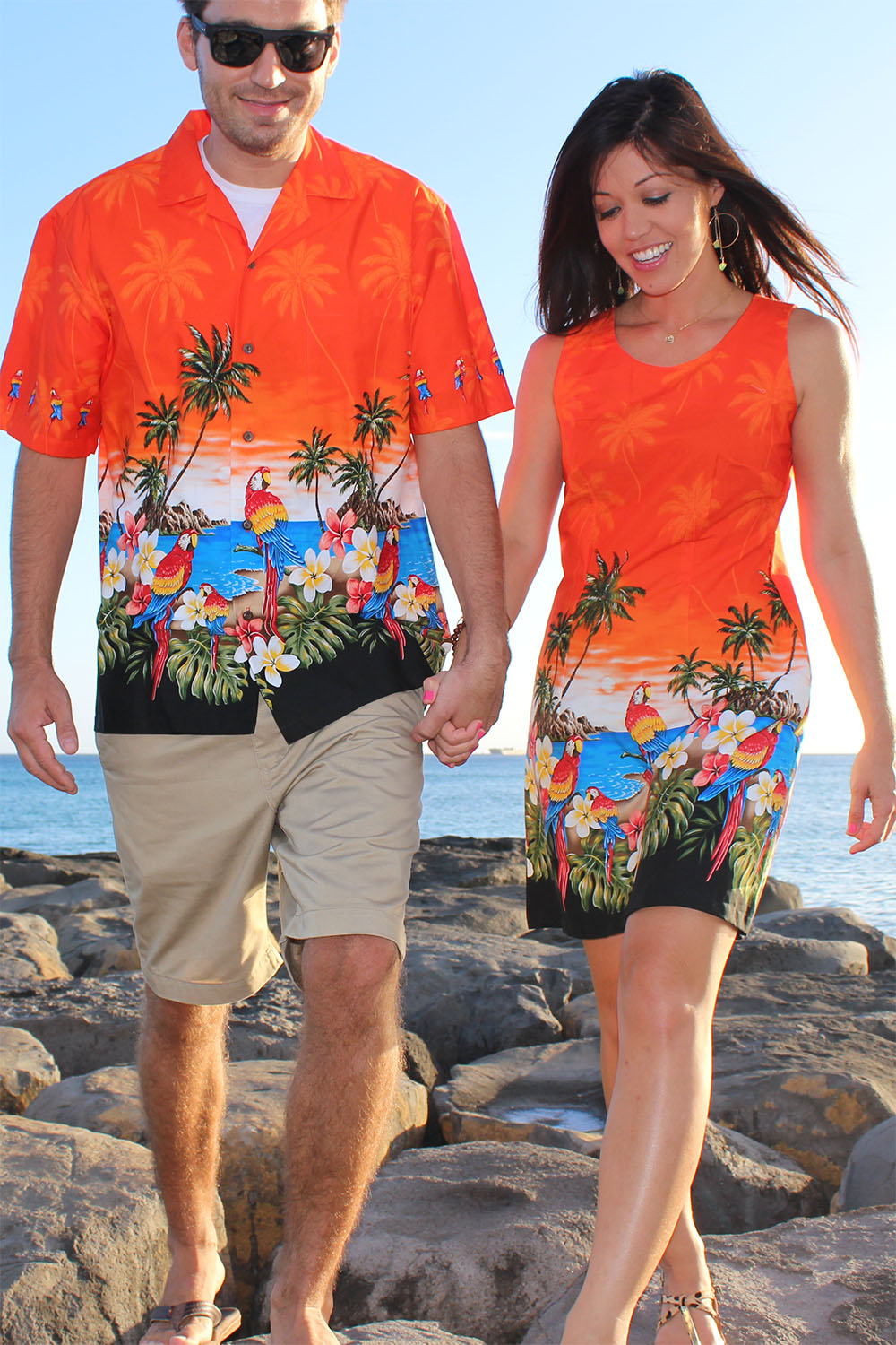 Parrot Hawaiian shirt and matching Hawaiian dress