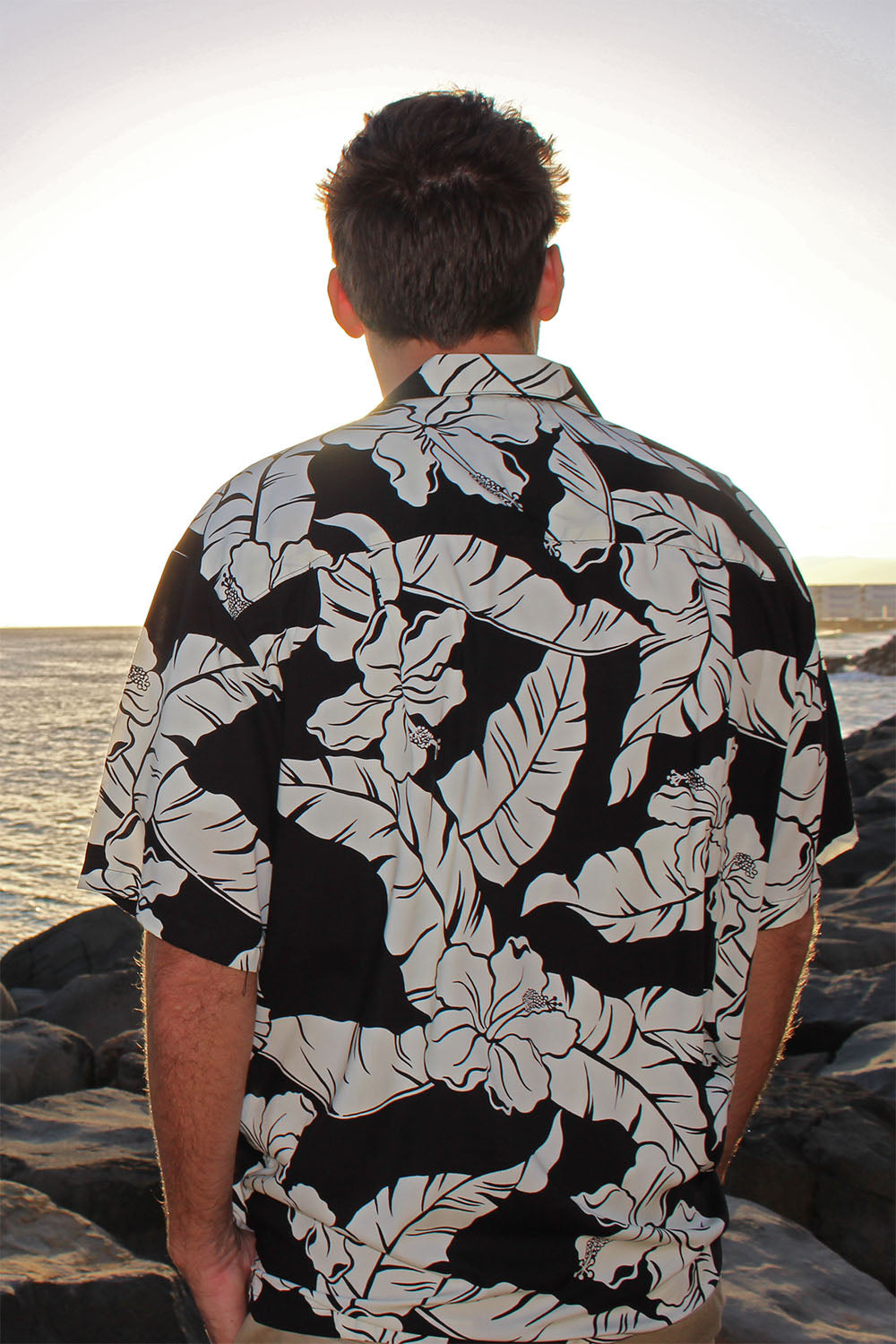 back side of 100% rayon aloha shirt