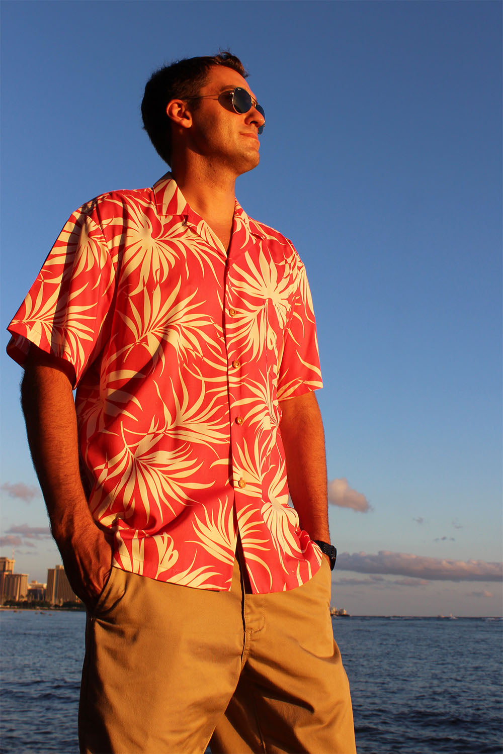 watching a sunset in rayon Hawaiian shirt