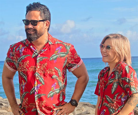 party for two in matching Magnum PI Hawaiian shirts for men and women