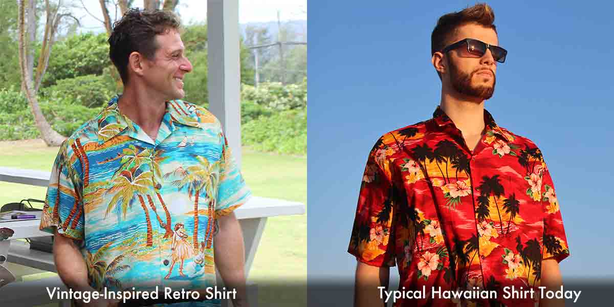vintage print silk aloha shirt vs modern design hawaiian shirt
